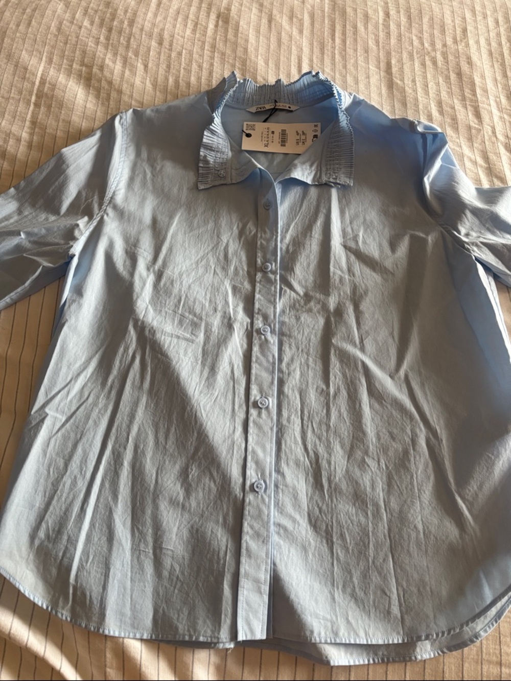 NEW Zara Light Blue Women's Ruffle collar Button-Down Shirt